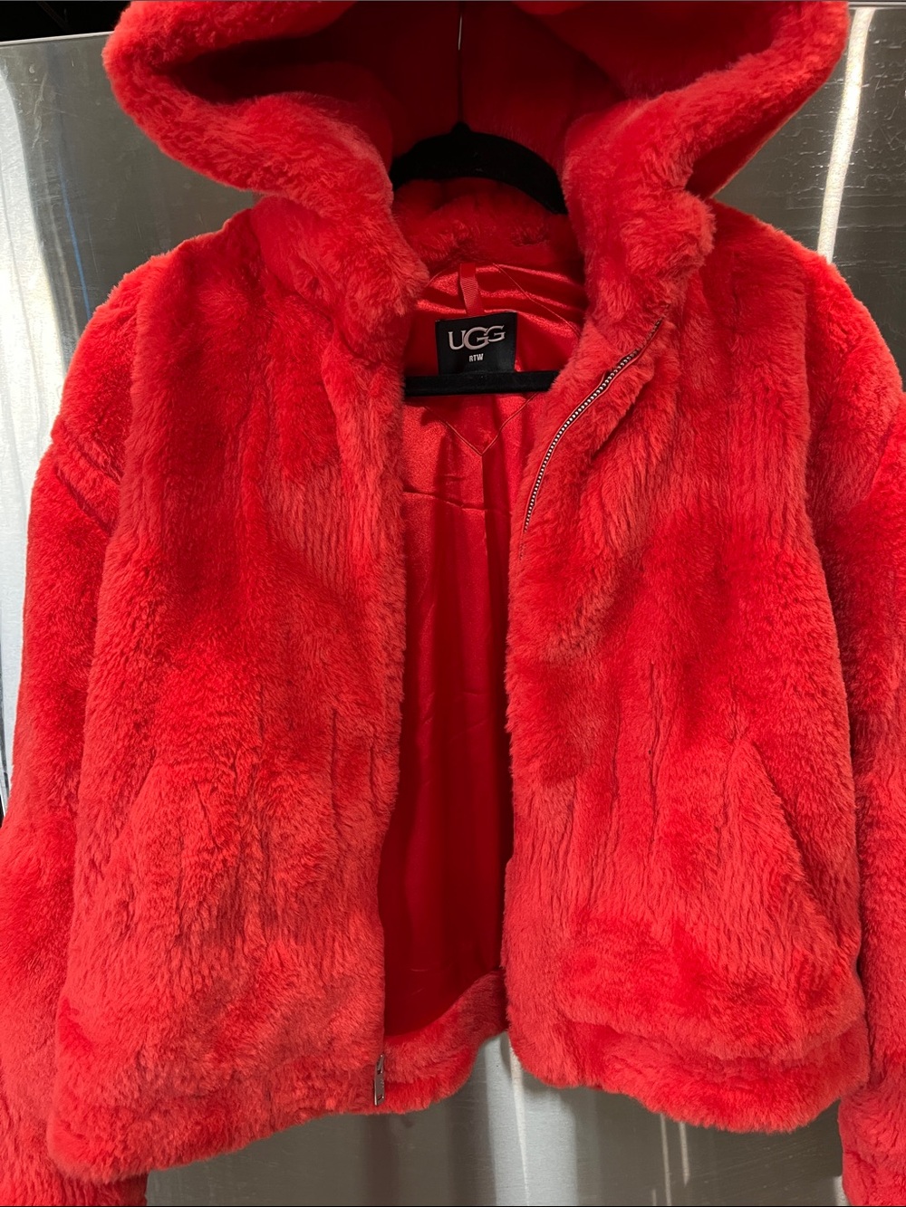 UGG Bright Red Faux-Fur Hooded Puffer Jacket